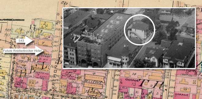 Superimposed is detail of 1925 view of Fremont Street from USC Digital Archive