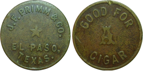 Token from J. F. Primm & Co. Cigars and Billiard Parlor, 207 E. San Antonio, where Louis Stoltz worked
