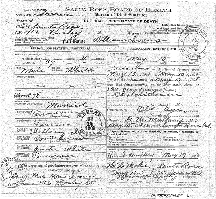 Death Certificate of William Ivans, Santa Rosa Board of Health