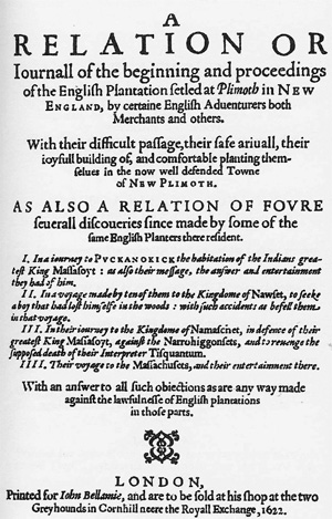 Frontispiece, Mourt's Relation, published in London, 1622, courtesy Wikipedia