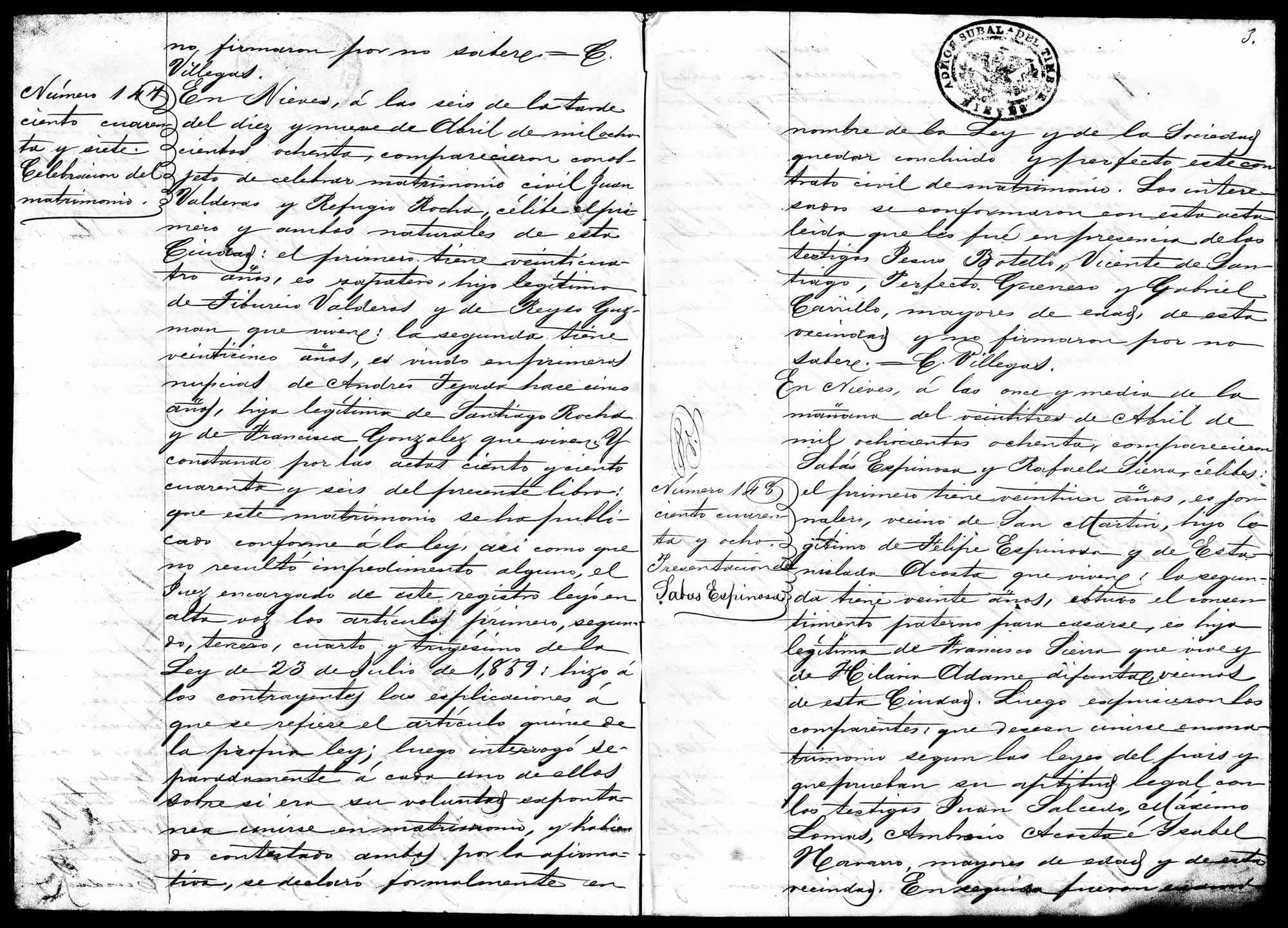 Nieves marriage record for Juan Balderas and Refugio Rocha, #147